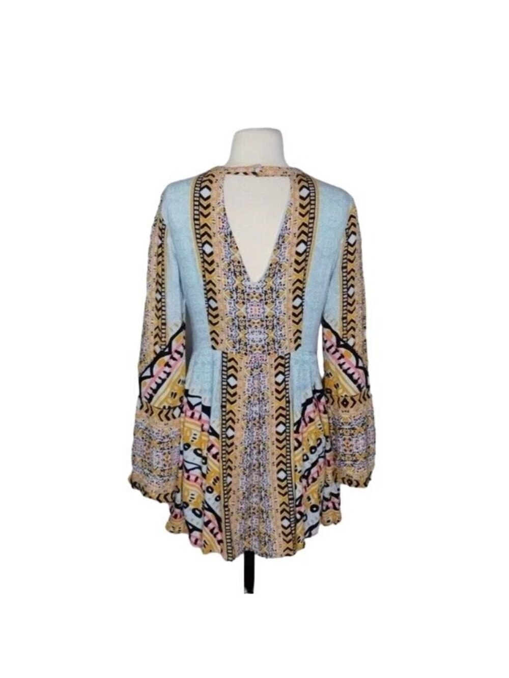 Free People Tegan Blue Borders Keyhole Long Sleeve Mini Dress - Picture 5 of 8